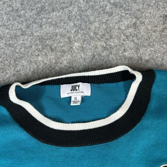 Juicy Couture Sweater Women’s XL Y2K Pullover Knit JUICY Heart Patch Blue - Picture 3 of 7